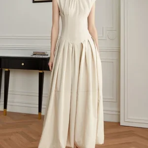High Waist Sleeveless Pleated Spliced Dresses For Women Luxury Solid Elegant Vintage Party Dress
