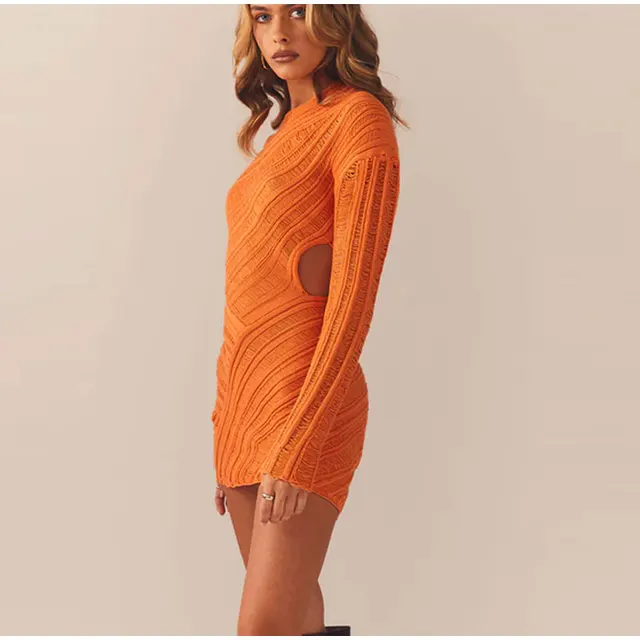 Hollow Out Long Sleeve Knitted Mini Dress - Image 10