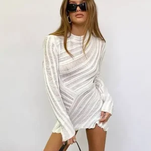 Hollow Out Long Sleeve Knitted Mini Dress
