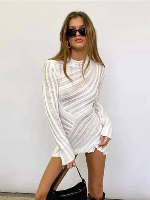 Hollow Out Long Sleeve Knitted Mini Dress