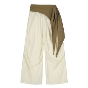 Flat curtain ribbon wide leg pants casual pants