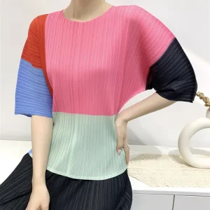Contrast Color T-shirt For Women Round Neck Half Sleeves Thin Casual Tops Fashion Clothing