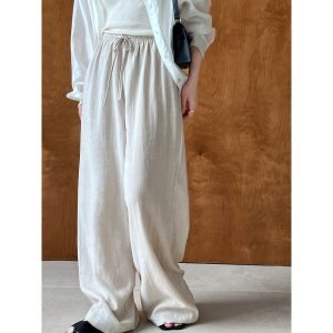 Linen drawstring wide leg pants for women breathable floor length pants