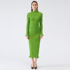 Miyake Pleated  Spring Autumn Green Skirt Two piece Sets