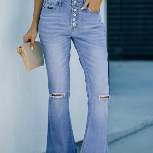 Sky Blue High Rise Distressed Bell Bottom Denims