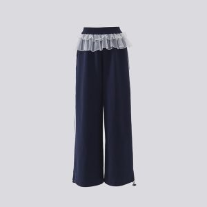 Women's Blue Cargo Pants Lace Hem Wide-Leg Pants