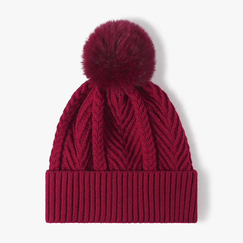Cable Knit Solid Color Hat with Pompom - Image 5
