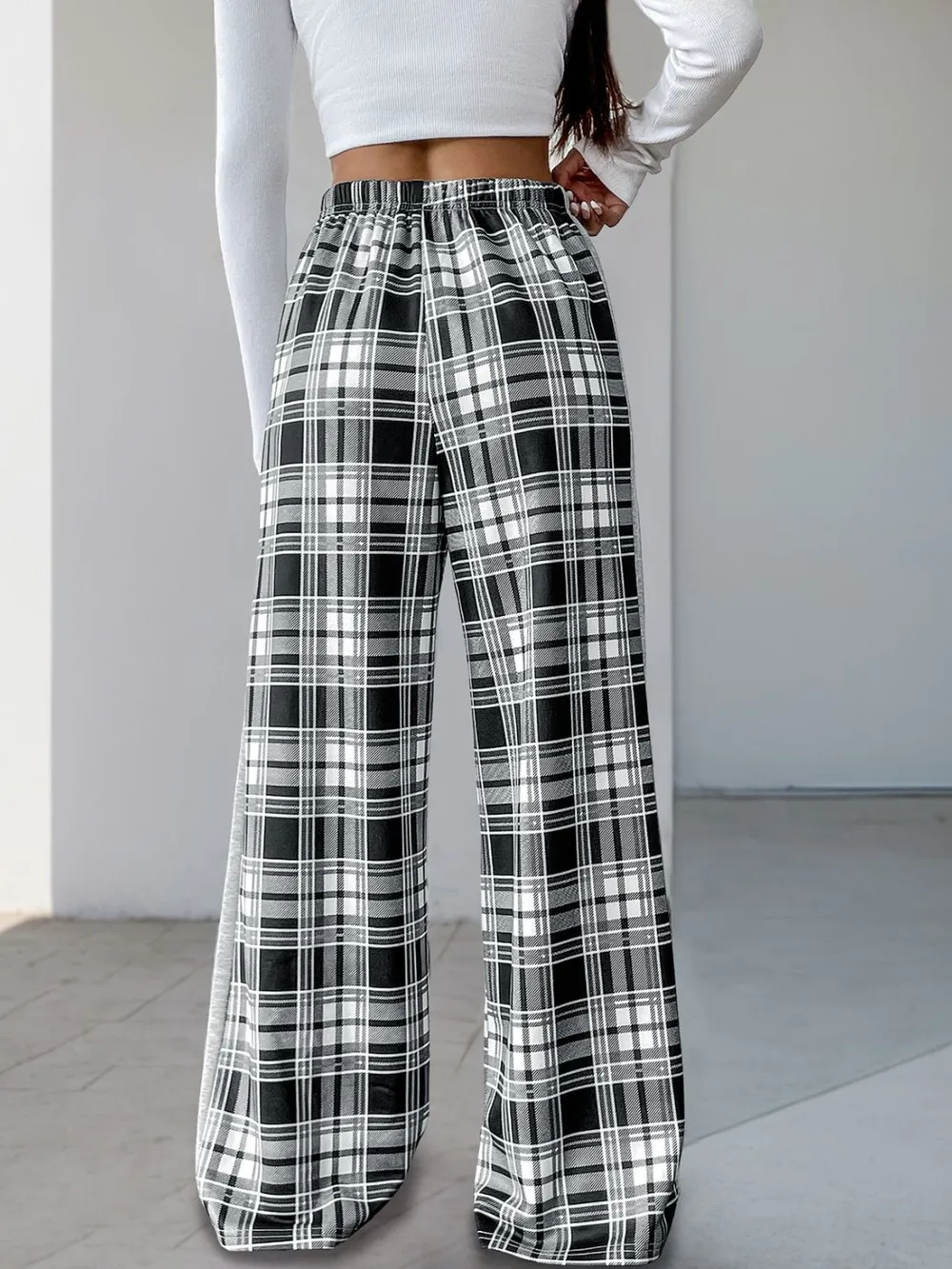 Drawstring Plaid Wide Leg Pants - Image 5