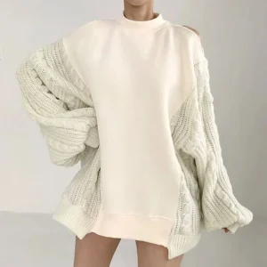 Women Hoodies Knitting Patchwork Asymmetry Oversized Sweater