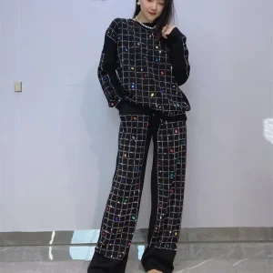 Fall Retro Style Outfits Women's Diamond Drills Knitted Sweater O-neck Long-sleeved Top Oversized Straight Pants Two-piece Sets