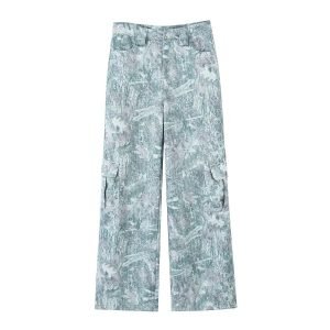 Fashionable pocket workwear low waisted pants denim printed pants