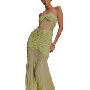 Women's strapless long dress with pleated perspective dress