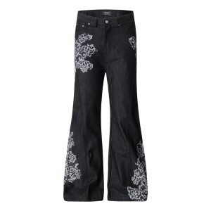 Plant printed denim bell bottoms