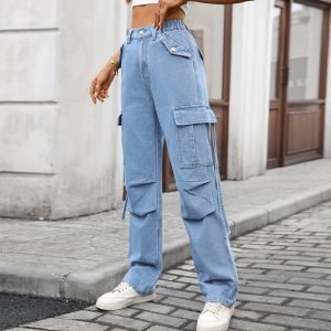 Women's Water-washed Work Pants with Ties Casual Denim Long Pants