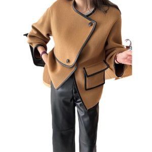 Fashion Patchwork Contrast Color Camel Coat Loose Jackets Women's Clothing Autumn Winter Woolen Outerwear