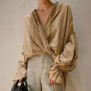 V Neck Lace Up Shirts Blouses