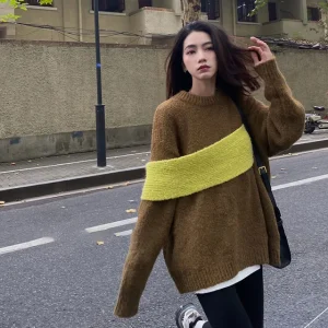 Women Sweater Patchwork Color Matching Pullover Sweater Tops Asymmetry Fashion Loose Knitting Tops Women