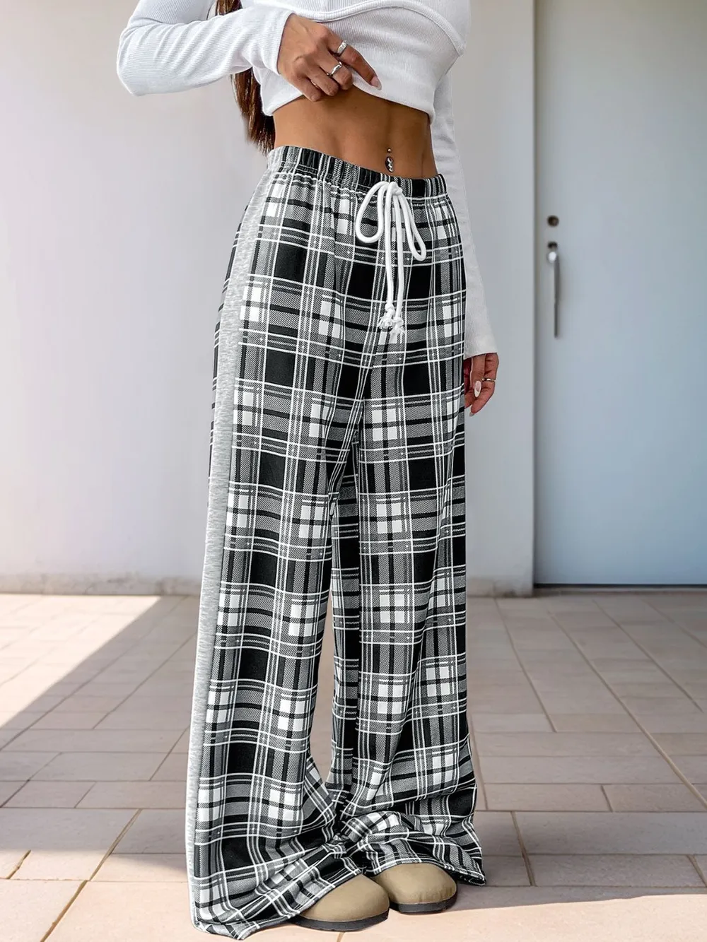 Drawstring Plaid Wide Leg Pants - Image 2