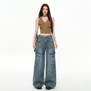 Women's Multi-Pocket Workwear Denim Pants Loose Wide-Leg Pants