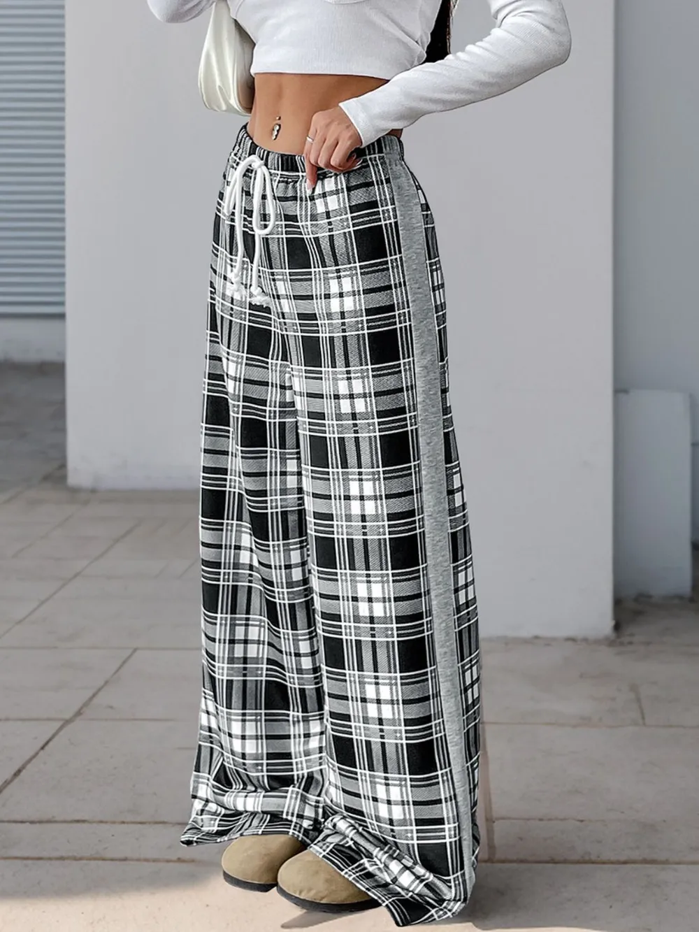 Drawstring Plaid Wide Leg Pants - Image 6