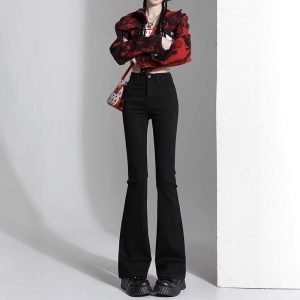 Vintage Stretch Skinny Flared Jeans for Women, High Waist, Light Blue, Slim Fit Bell Bottoms Style Short Stature Friendly