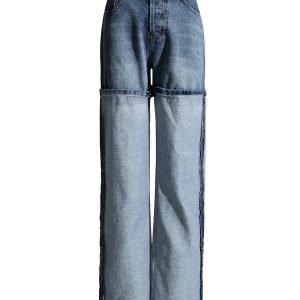 Casual Patchwork Denim Pants For Women High Waist Spliced Pockets Hit Color Loose Wide Leg Pant Female Fashion