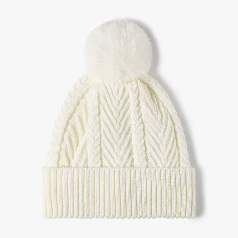 Cable Knit Solid Color Hat with Pompom - Image 9