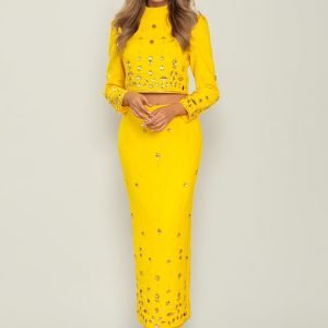 Handmade Beading Short Jacket Skirt Sets Outfits New Designer Long Dress Set White Black Yellow Slim Suits for Women Wedding