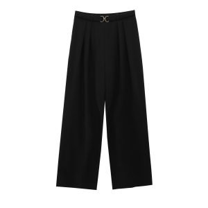 Metal buckle decoration high waisted pants casual women's pants
