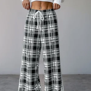 Drawstring Plaid Wide Leg Pants