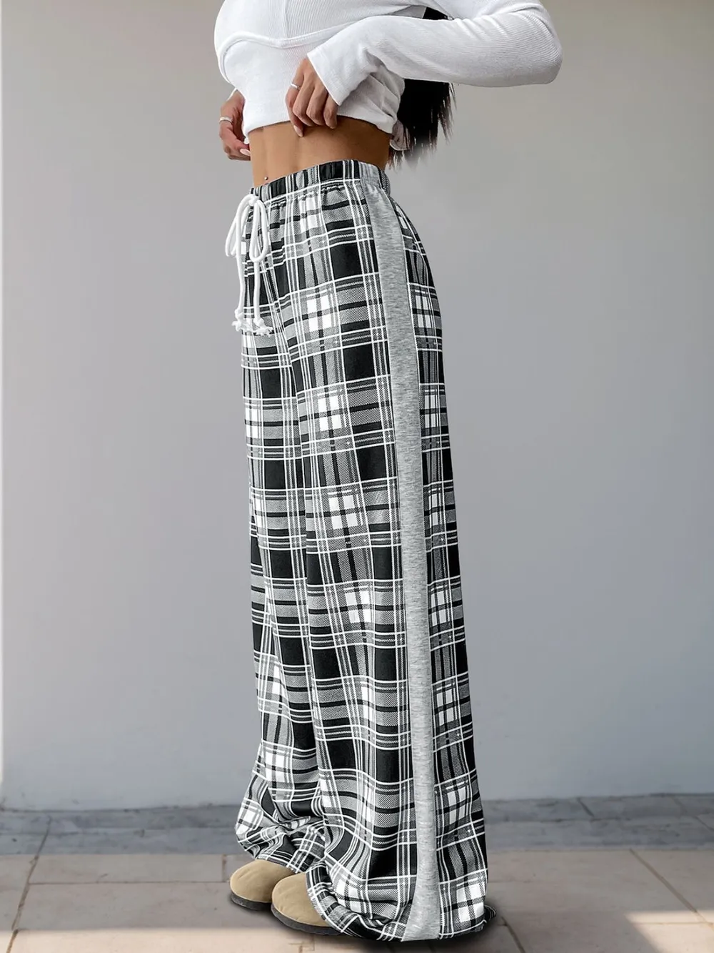 Drawstring Plaid Wide Leg Pants - Image 4