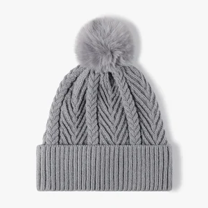 Cable Knit Solid Color Hat with Pompom