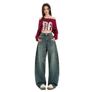 High-Waisted Simple Slim-Fitting Distressed Denim Pants Casual Pants